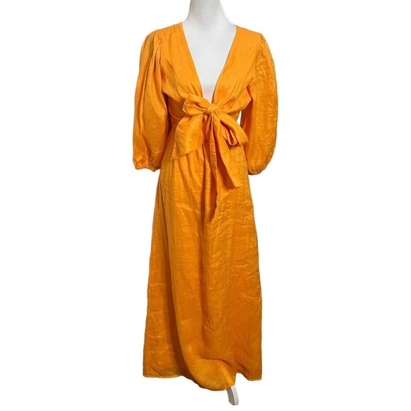 Faithfull La Mia Maxi Dress Women’s Size 4 Orange Tie Front Puff Sleeve Cut Out - Picture 3 of 14